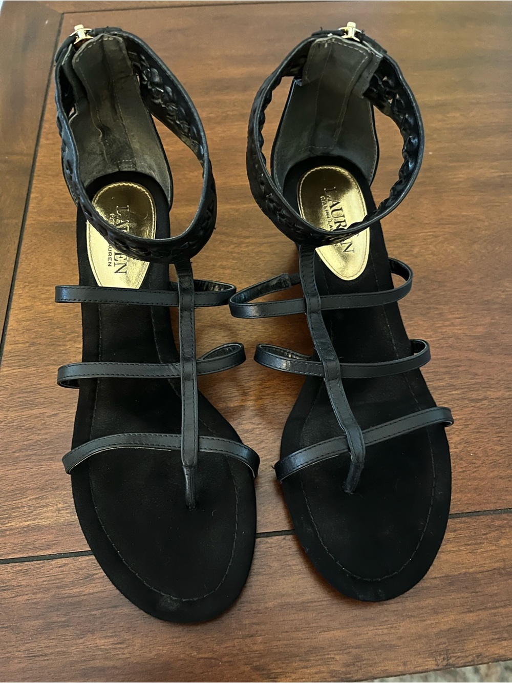 Ralph Lauren Meira Black Leather Gladiator Sandals